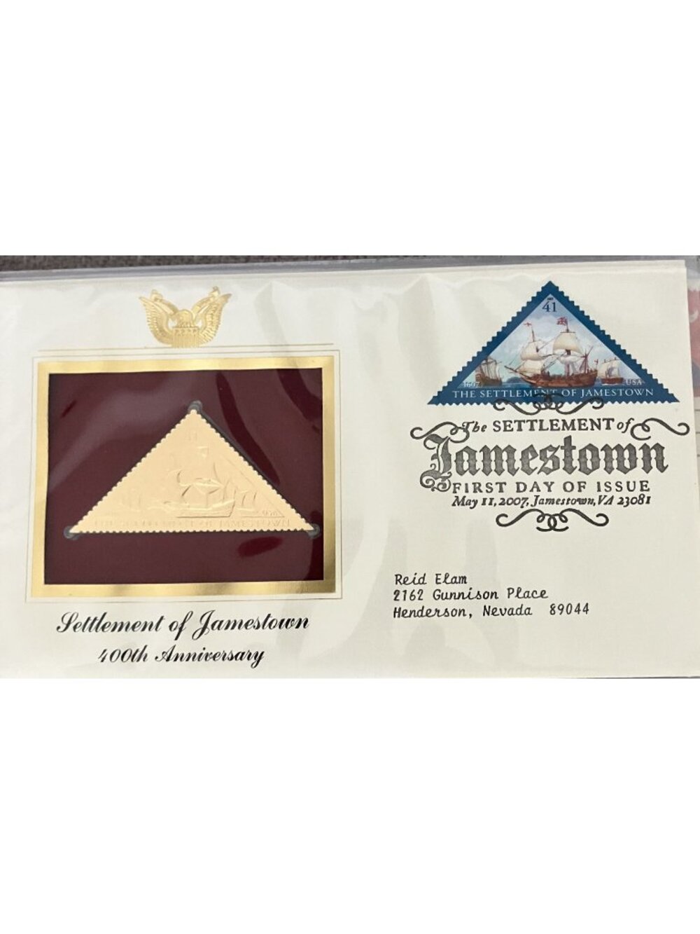 Settlement Of Jamestown 400th Anniversary First Day Of Issue Triangular Stamp &